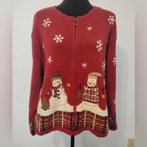 Croft & Barrow Snowman Tree Plaid Knit Zip Up Cardigan Jacket